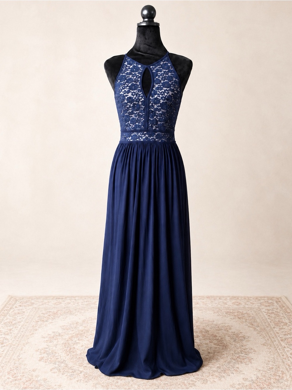 Navy Lace Halter Evening Dress